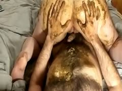 Hairy body of a horny guy got covered with shit